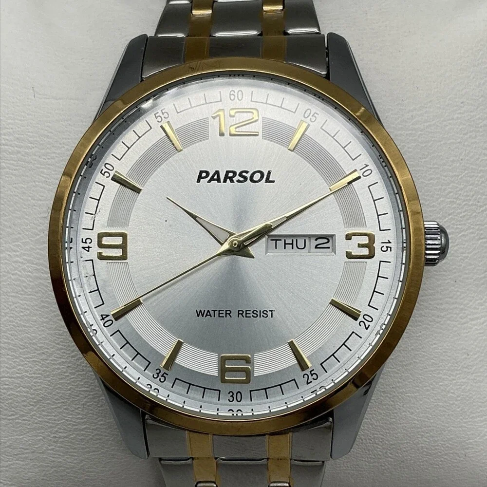 Parsol Dress Mens Watch 40mm Silver Dial Two Tone Day Date New Battery 8.75